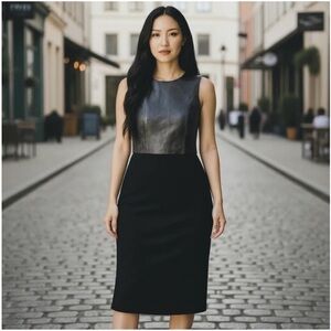 Michael Kors Ponte Black Sleeveless Sheath Faux Leather Dress sz 6